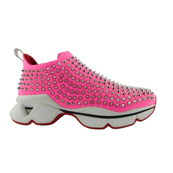CHRISTIAN LOUBOUTIN Spiked Rose Hot Pink Neoprene Run Donna Sneakers 39.5 - Picture 2 of 8
